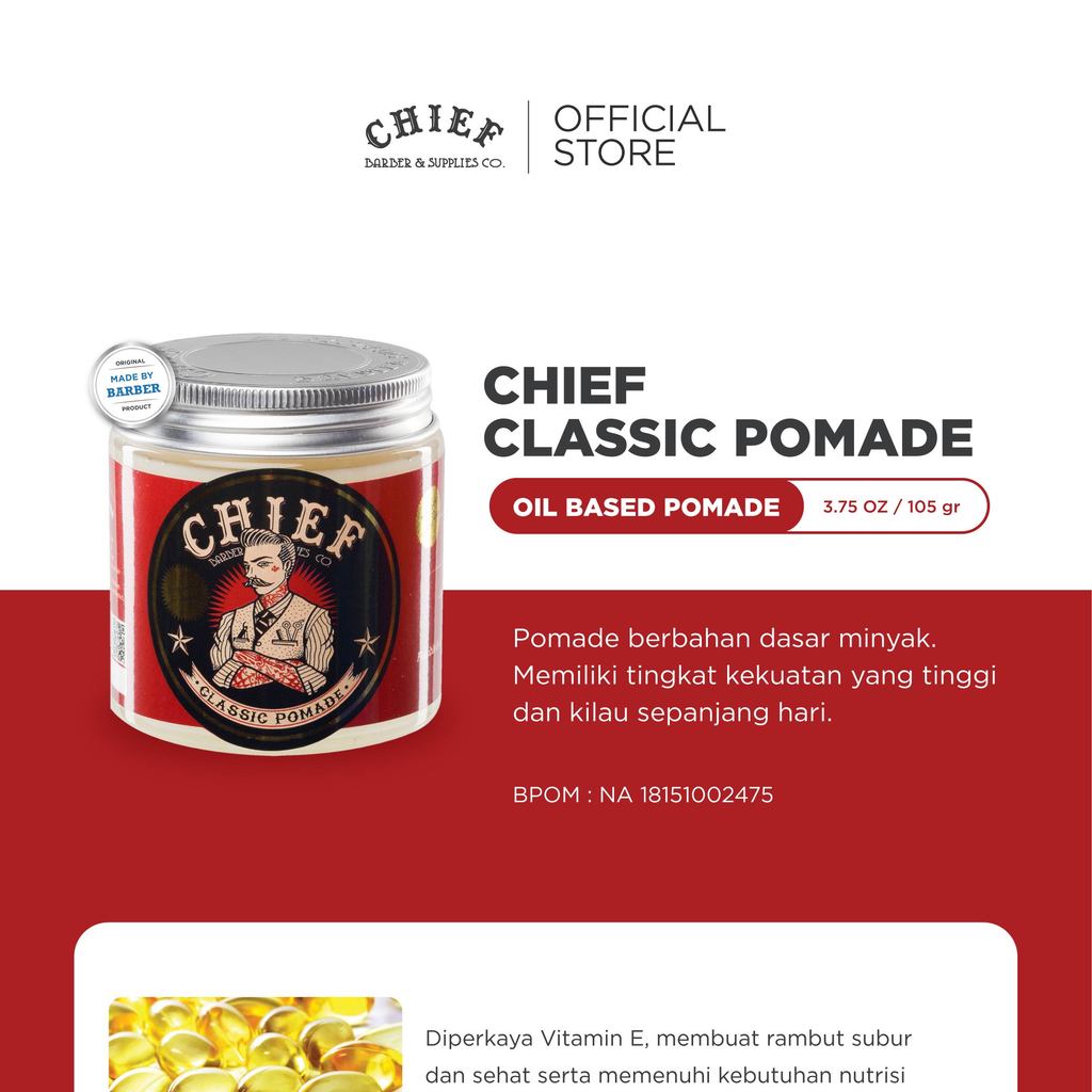 PROMO Chief Classic Pomade 105 gr – Tampilan berkilau dan Hold Seharian dengan Aroma Vanilla – Olive Oil & Zea Mays Starch – Rambut Styling Pria