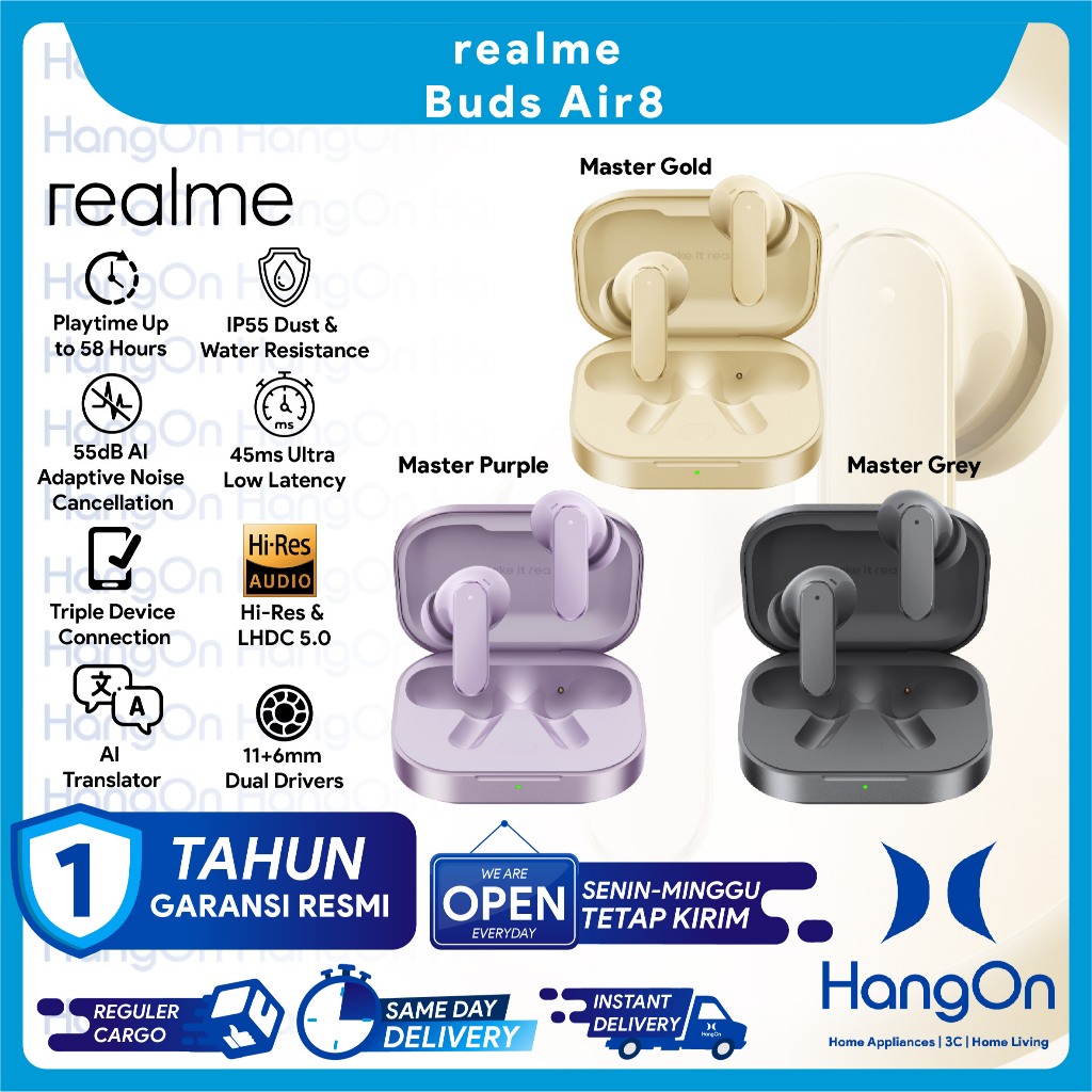 Jual Realme Buds Air 8 11+6mm Dual Drivers | 55dB AI Adaptive Noise Cancellation | Hi-Res Professional Certification & LHDC 5.0 High-Fidelity Transmission | Master Design | AI Translator | IP55 Dust & Water Resistance | 58-Hour Playback Earbud Earphone Ai