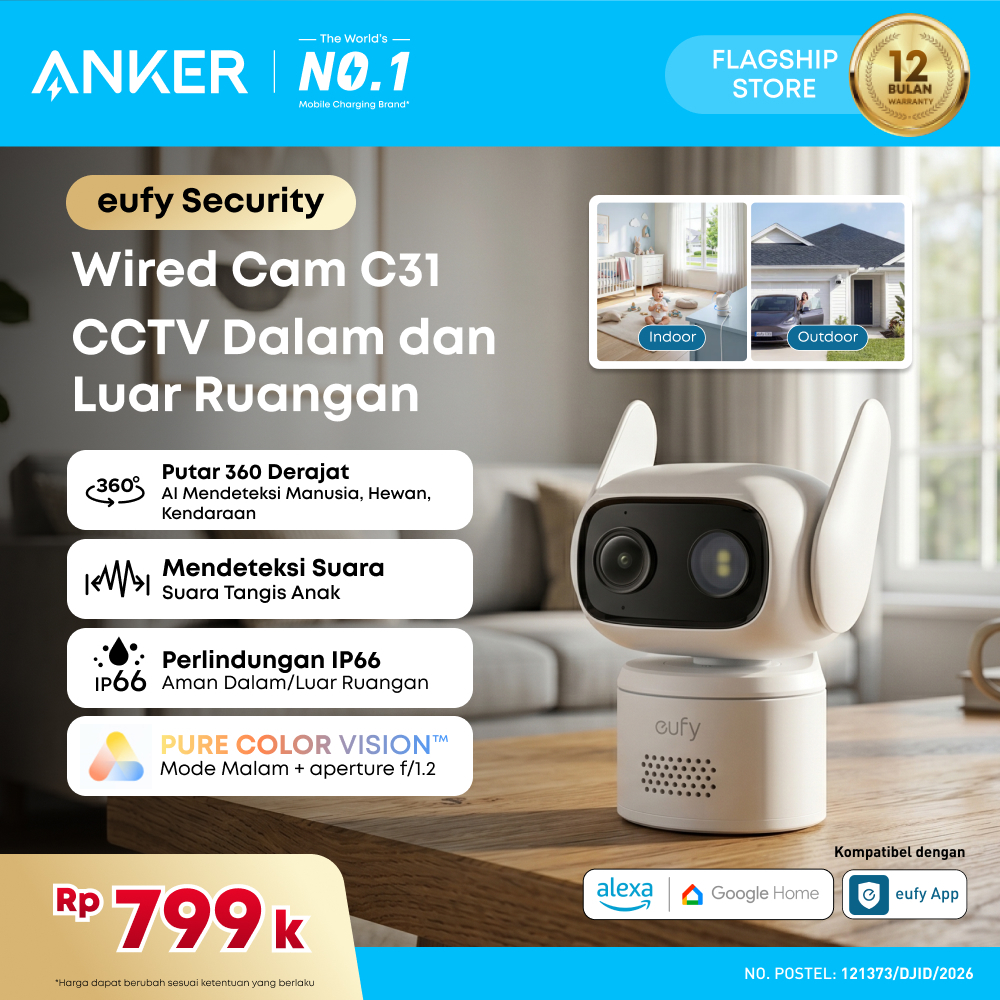 Jual Anker eufy Wired Cam C31 Camera 360° Coverage with Pan and Tilt Indoor and Outdoor Dual Antenna Color Night Vision Local Storage AI Human/Vehicle/Pet/Cry Detection 24/7 Continuous Recording - T817L | Shopee Indonesia