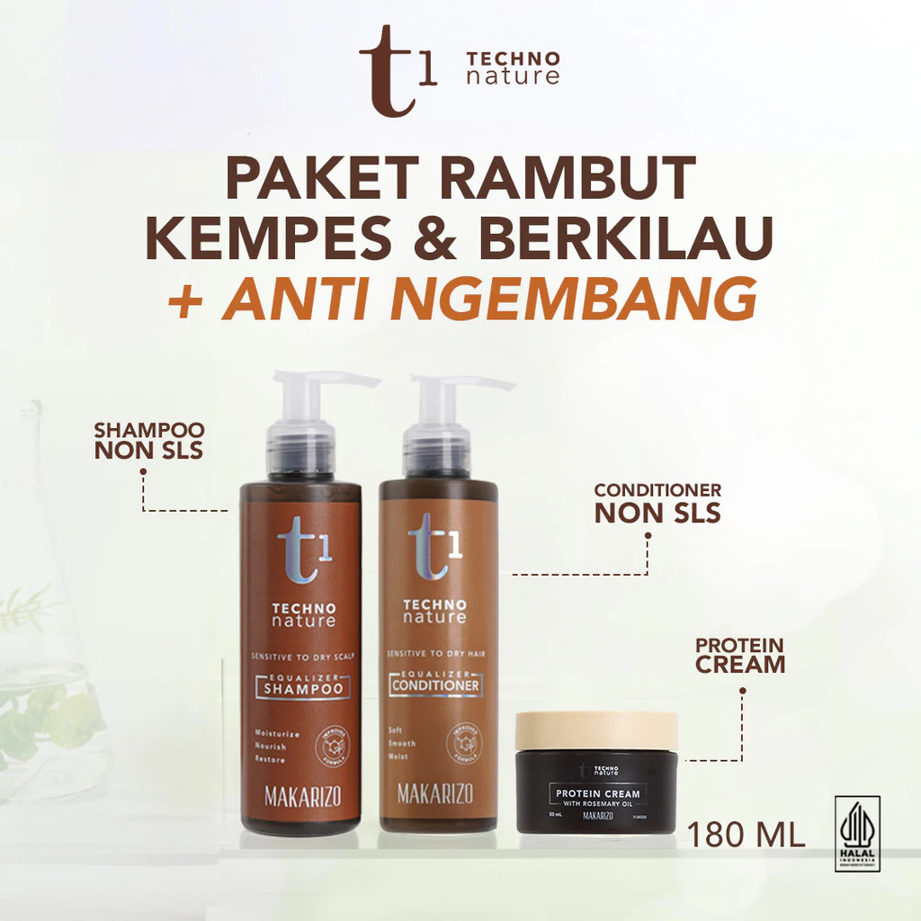 Makarizo Paket Rambut Kempes & Berkilau + Anti Ngembang | T1 Techno Nature Equalizer Shampoo + Conditioner (NEW FORMULASI ) + Protein Cream (Produk Terbaru)