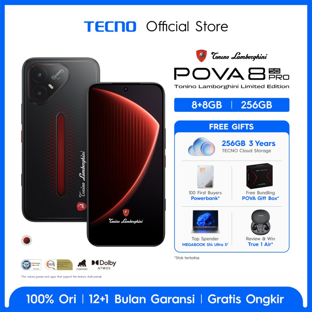 Jual TECNO POVA 8 PRO 5G 8+8GB*/256GB TONINO LAMBORGHINI LIMITED EDITION, Dual Gaming Chipset Mediatek D7400 Ultimate 5G + P1 Graphic Chip up to 144 FPS, IP69K, Android 16 - HiOS 16 - POVA8PRO | Shopee Indonesia