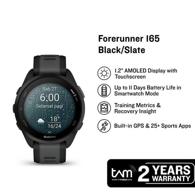 Jam Tangan Pria Garmin Forerunner 165 010-02863-AA Smartwatch Digital Dial Black Slate Grey Silicone Strap