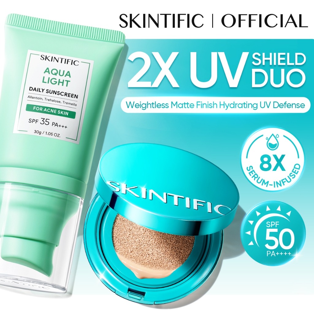 SKINTIFIC | 2PC Makeup Set Perfect Stay Serum Matte Cushion Foundation SPF50 PA++++ &Aqua Light Daily Sunscreen SPF 35 PA+++ Soft Matte Finish Menghaluskan Makeup Natural Waterproof Non‑Comedogenic oil‑control Acne care Sunscreen Sunblock Badan Glowi