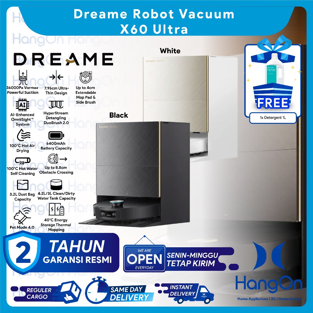 Jual Dreame X60 Ultra Robot Vacuum Cleaner Ultra-Thin Design | 36000Pa Suction | AI-Enhanced OmniSight | Anti-Tangle HyperStream Detangling DuoBrush 2.0 | Pet Mode | 100°C Hot Water Self Cleaning & Hot Air Drying | Obstacle Crossing | X60Ultra | Shopee In