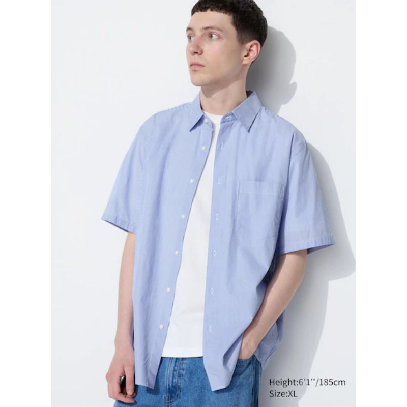 UNIQLO Kemeja Extra Fine Cotton EFC Broadcloth Shirt Short Sleeve Lengan Pendek Polos Garis Kotak ORIGINAL