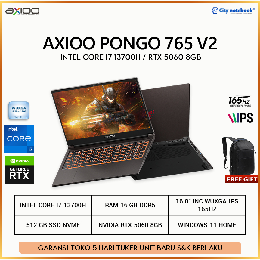 Axioo Pongo 765 V2 I7-13700H (RTX5060 8GB) 16GB 512GB 16" WUXGA 165HZ 100SRGB