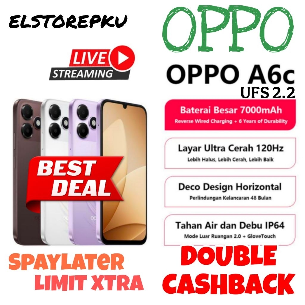 Oppo A6c 4/128 + 4/64 Garansi segel BNIB. Desain Keren Baterai 7000mAh ROM UFS 2.2 Layar 120Hz ip64