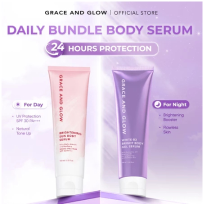 Grace and Glow DAILY BUNDLE Body Serum Day and Night White-B3 Bright Body Gel Serum untuk Malam + Brightening Sun Body Lotion