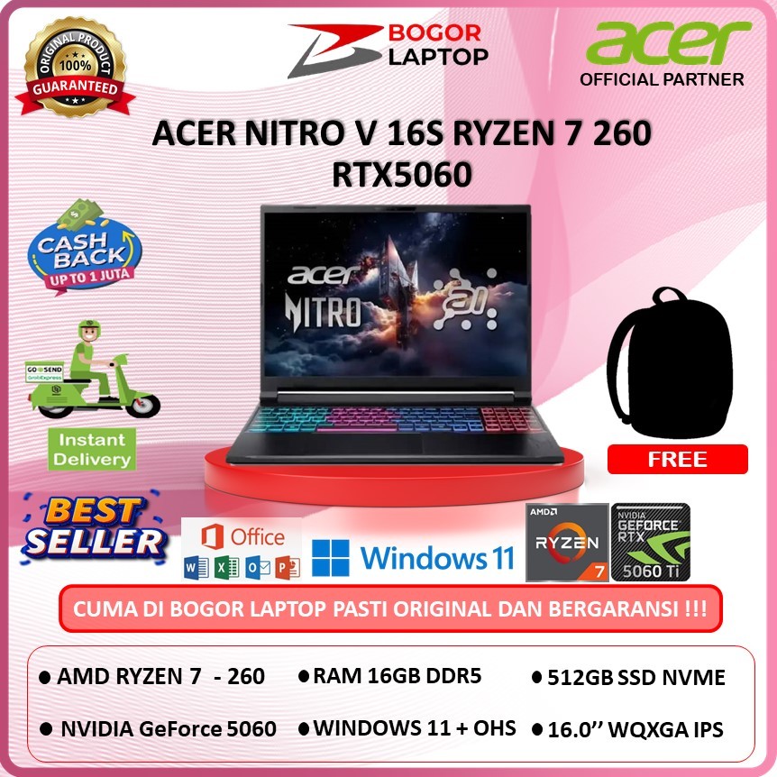 ACER NITRO V 16S RYZEN 7 260 RTX5060 8GB/ 16GB 512GB WINDOWS 11 + OHS 16.0'' INCH WQXGA 180HZ 100SRGB