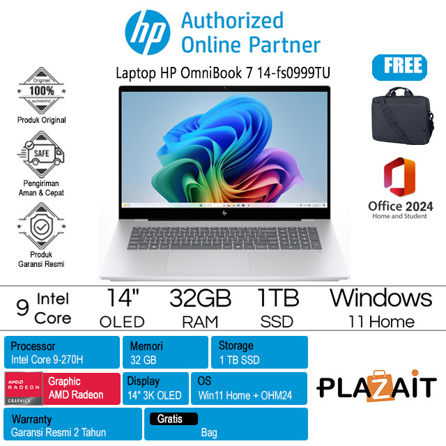Laptop HP OmniBook 7 14-fs0999TU /Intel Core 9-270H/32GB/1TB SSD/Intel Graphics/14″ 3K OLED/Win 11 Home+OH24+M365/Silver/2Y