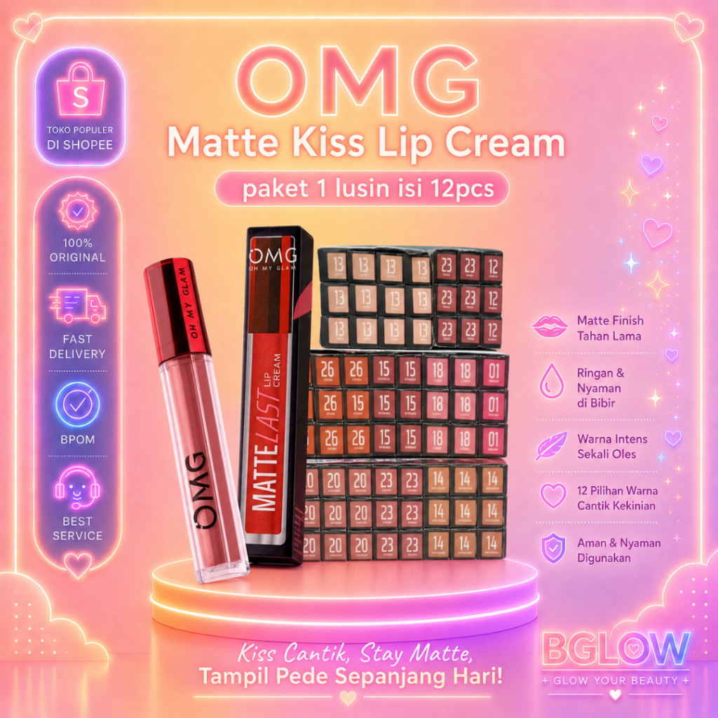 [ISI 12PCS] OMG - Paket Usaha 12PCS (1 LUSIN) OMG OH MY GLAM Matte Kiss Lip Cream Tahan Lama BGLOW BEAUTYGLOWING