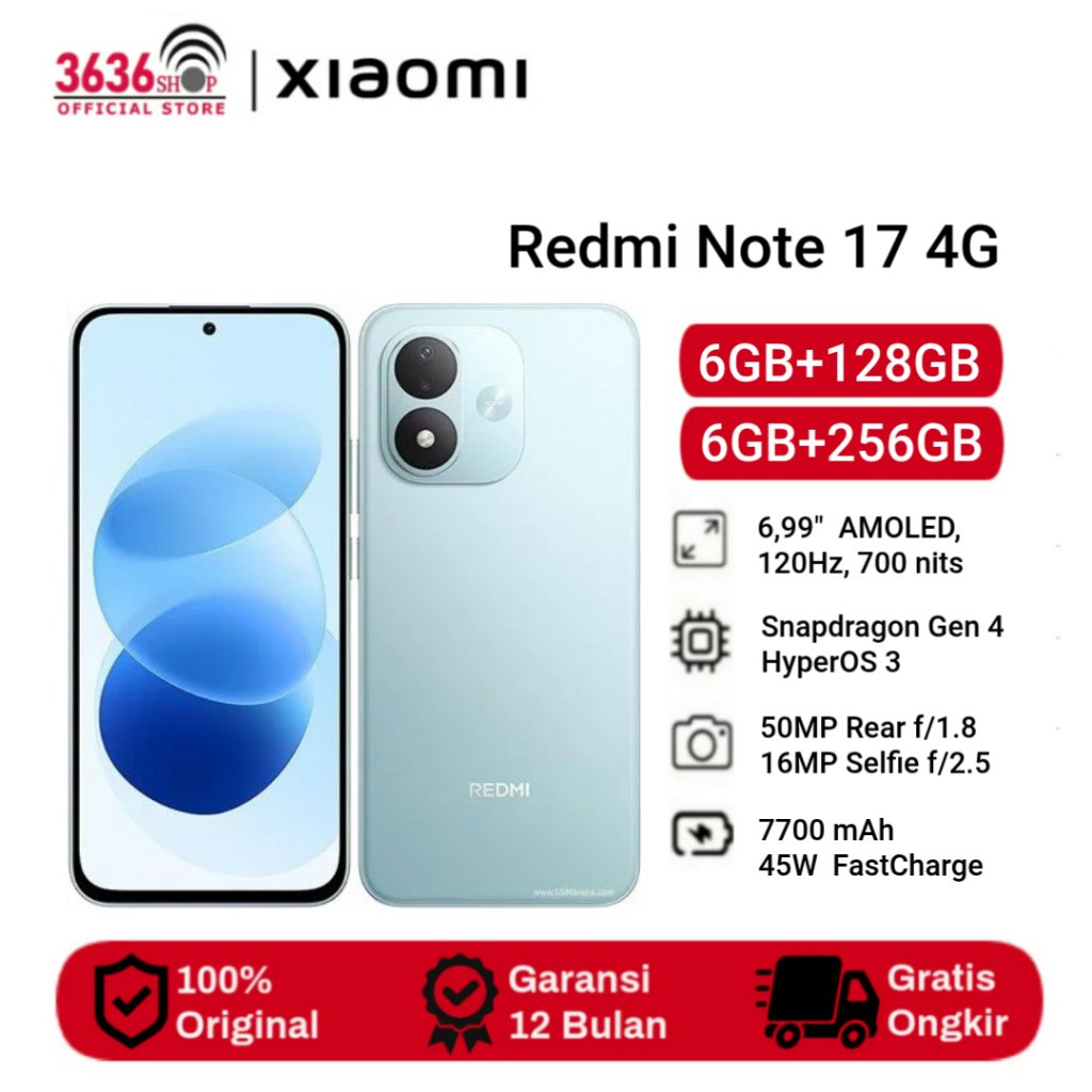 Xiaomi Redmi Note 17 4G [6GB+128GB] [6GB+256GB] Display 6.99 Inches - Qualcomm Snapdragon 4 Gen 4 - Camera 50MP - Battery 7700mAh - Garansi resmi 1 Tahun