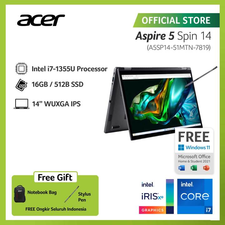 ACER LAPTOP 2 IN 1 ASPIRE 5 SPIN 14 A5SP14-51MTN-7819 14" WUXGA INTEL CORE I7-1355U RAM 16GB STORAGE 512GB SSD GRAPHICS INTEL IRIS XE WINDOWS 11 | Lazada Indonesia