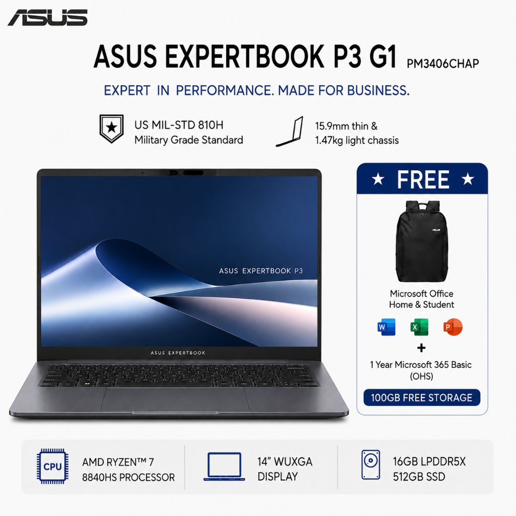 ASUS EXPERTBOOK P3 G1 PM3406CHAP [Ryzen 7 8840HS / AMD Radeon Graphics / 16GB / 512GB / 14 Inch WUXGA / WIN11 / OHS24 / M365]