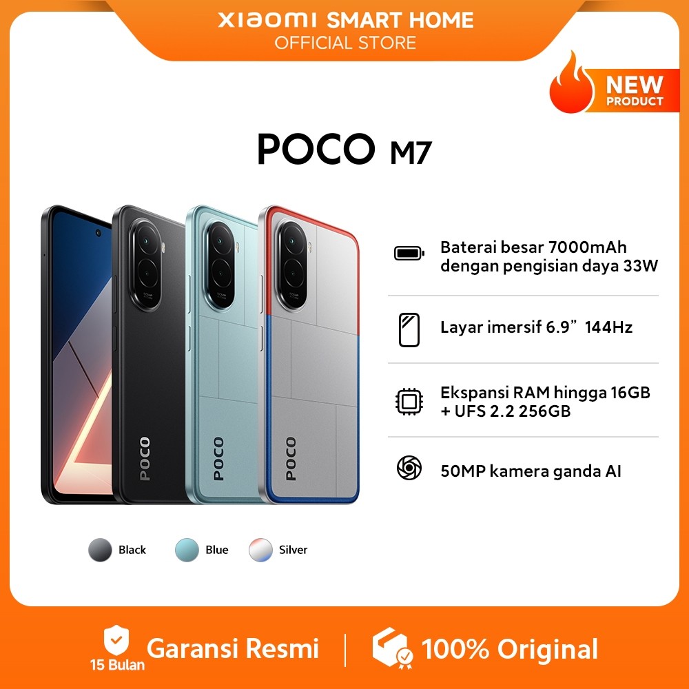 HP POCO M7 (8GB/256GB) Baterai besar 7000mAh dengan pengisian daya 33W | Layar imersif 6.9" 144Hz | Ekspansi RAM hingga 16GB + UFS 2.2 256GB | 50MP kamera ganda AI [Official Store]