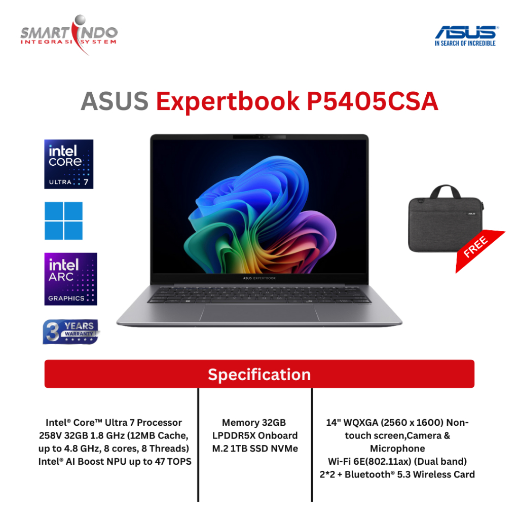 ASUS ExpertBook P5405CSA-NZ7310WS Ultra 7 258V, 32GB, 1TB SSD, OHS 2024, WIN11HOME, 3YR, Sleeve Bag
