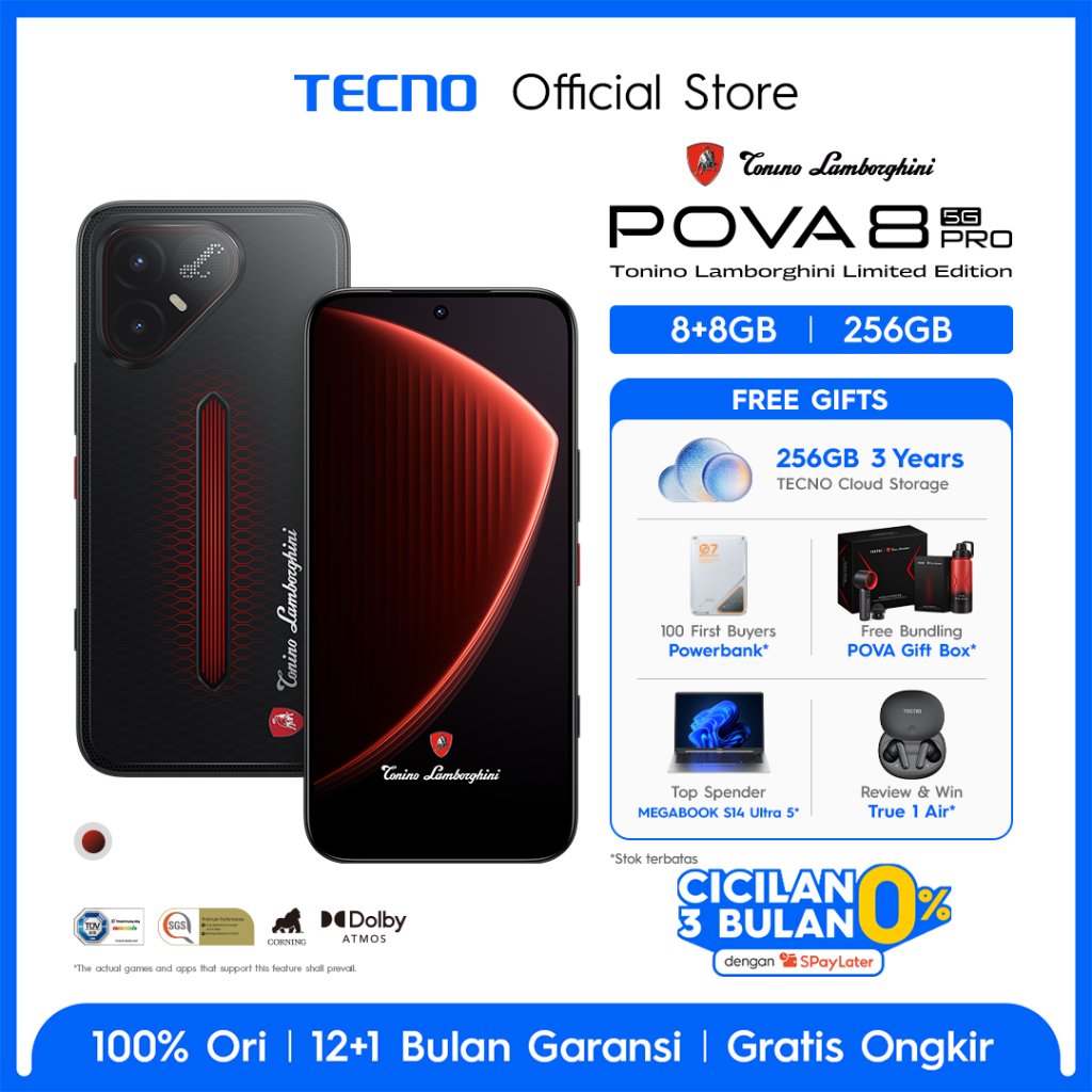 Jual TECNO POVA 8 PRO 5G 8+8GB*/256GB TONINO LAMBORGHINI LIMITED EDITION, Dual Gaming Chipset Mediatek D7400 Ultimate 5G + P1 Graphic Chip up to 144 FPS, IP69K, Android 16 - HiOS 16 - POVA8PRO | Shopee Indonesia