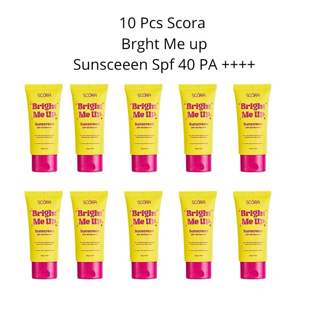 Paket isi 5 dan 10 pcs Scora Bright Me Up Sunscreen SPF 40 PA ++++ kemasan 40 gram sunblok wajah perlindungan sinar matahari