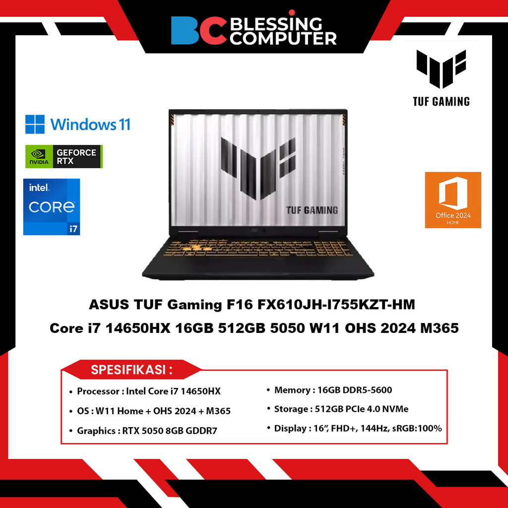 Jual ASUS TUF Gaming F16 FX610JH I755KZT HM Core i7 14650HX 16GB 512GB 5050 W11 OHS 2024 M365 Off Black | Shopee Indonesia