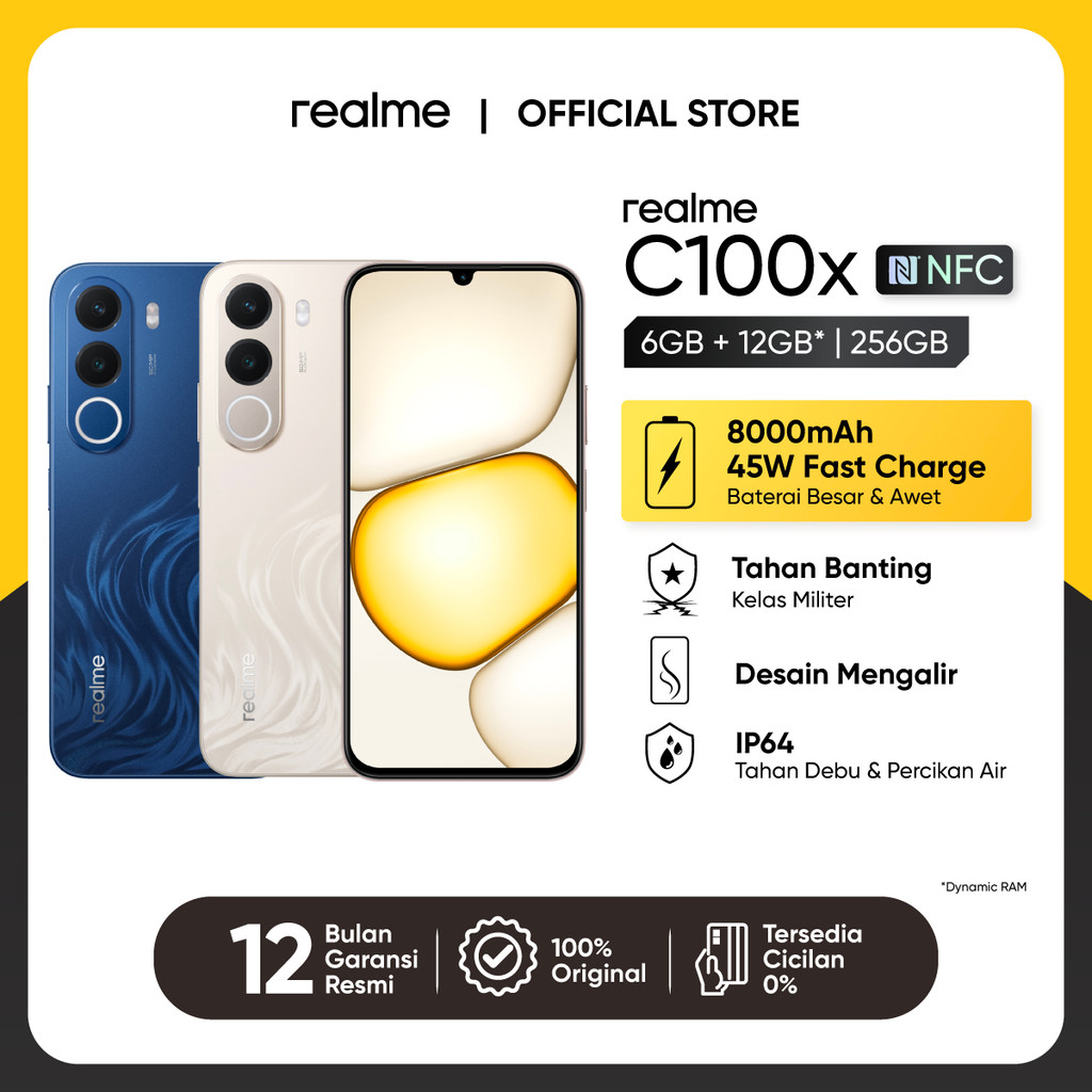 Jual realme C100x 6GB+12GB*|256GB (8000mAh Titan Battery + 45W Fast Charge | Military-Grade Shock Resistance | Fluid Design | IP64 Dust & Water Resistance) | Shopee Indonesia