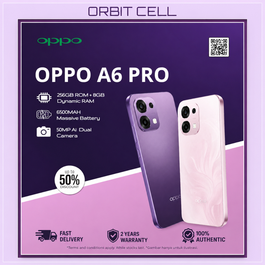 OPPO A6 Pro 5G Original 8GB/256GB | AMOLED 120Hz FHD+ 6.57" | Dimensity 6300 | Kamera AI 50MP | Baterai 6500mAh | 80W SUPERVOOC | NFC | IP69