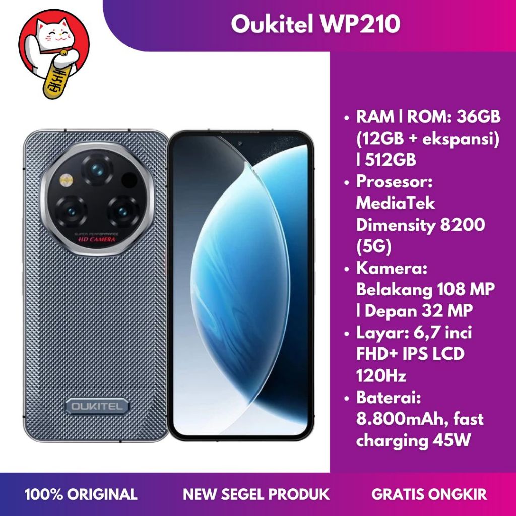 Oukitel WP210 5G RAM 36GB ROM 512GB Dimensity 8200 Baterai 8800mAh Layar 6.7 Inci FHD+ Rugged Smartphone Android 15