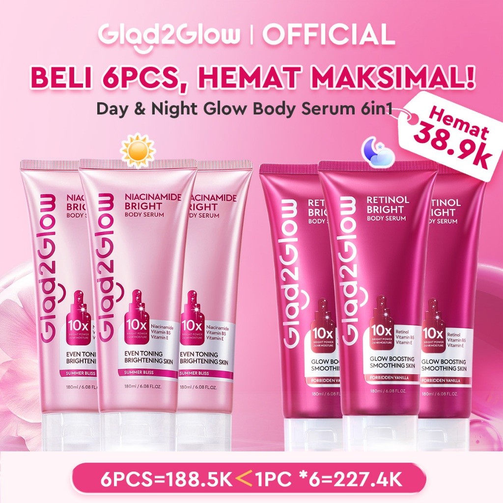 PAKET HEMAT GROSIR GLAD2GLOW NIACINAMIDE RETINOL BRIGHT BODY SERUM BODY LOTION 10X Cerah Instant Absorb Tone Up All Day Bright pemutih badan dengan parfum tahan lama Long Lasting Fragrance Handbody Body Cream Butter G2Glow Official Store G2G GLAD 2 GLOW B