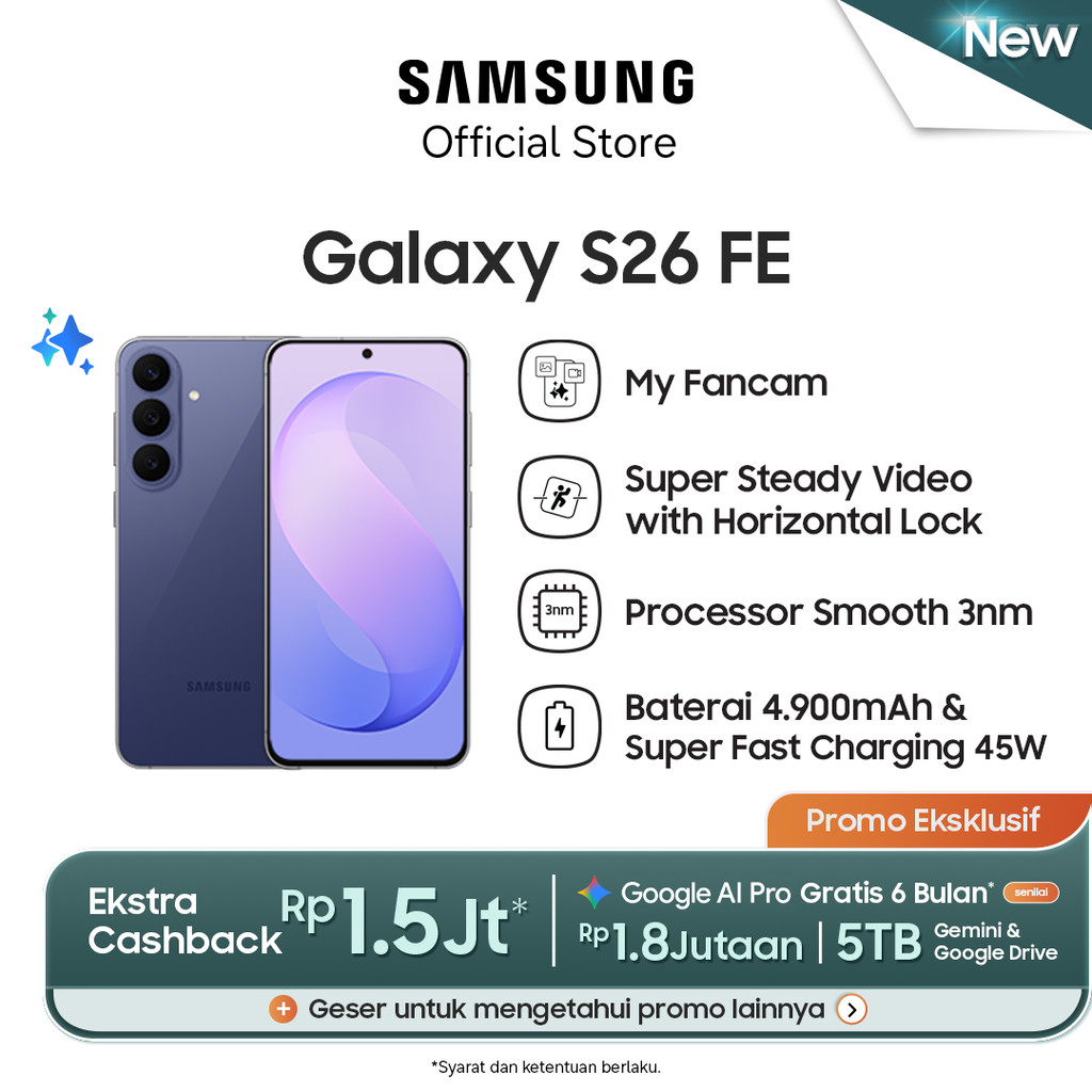 Jual Samsung Galaxy S26 FE 8/256GB - Blueberry - Handphone AI | Kamera 50MP | Prosesor 3nm | Shopee Indonesia