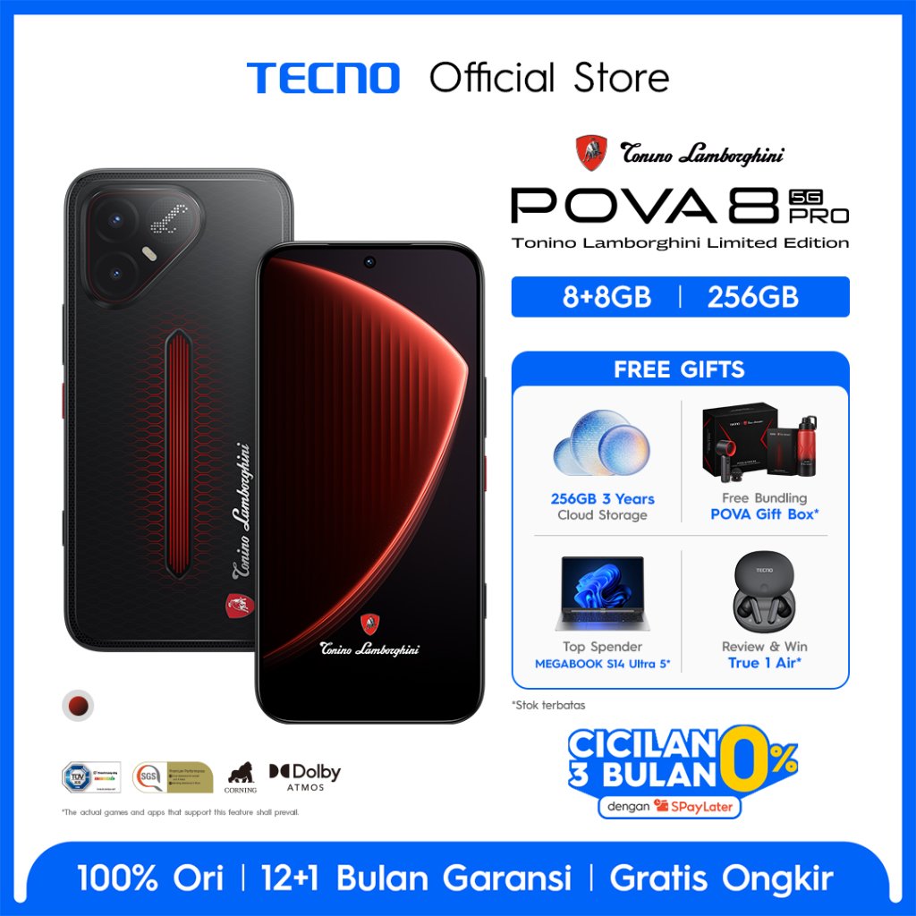 Jual TECNO POVA 8 PRO 5G 8+8GB*/256GB TONINO LAMBORGHINI LIMITED EDITION, Dual Gaming Chipset Mediatek D7400 Ultimate 5G + P1 Graphic Chip up to 144 FPS, IP69K, Android 16 - HiOS 16 - POVA8PRO | Shopee Indonesia