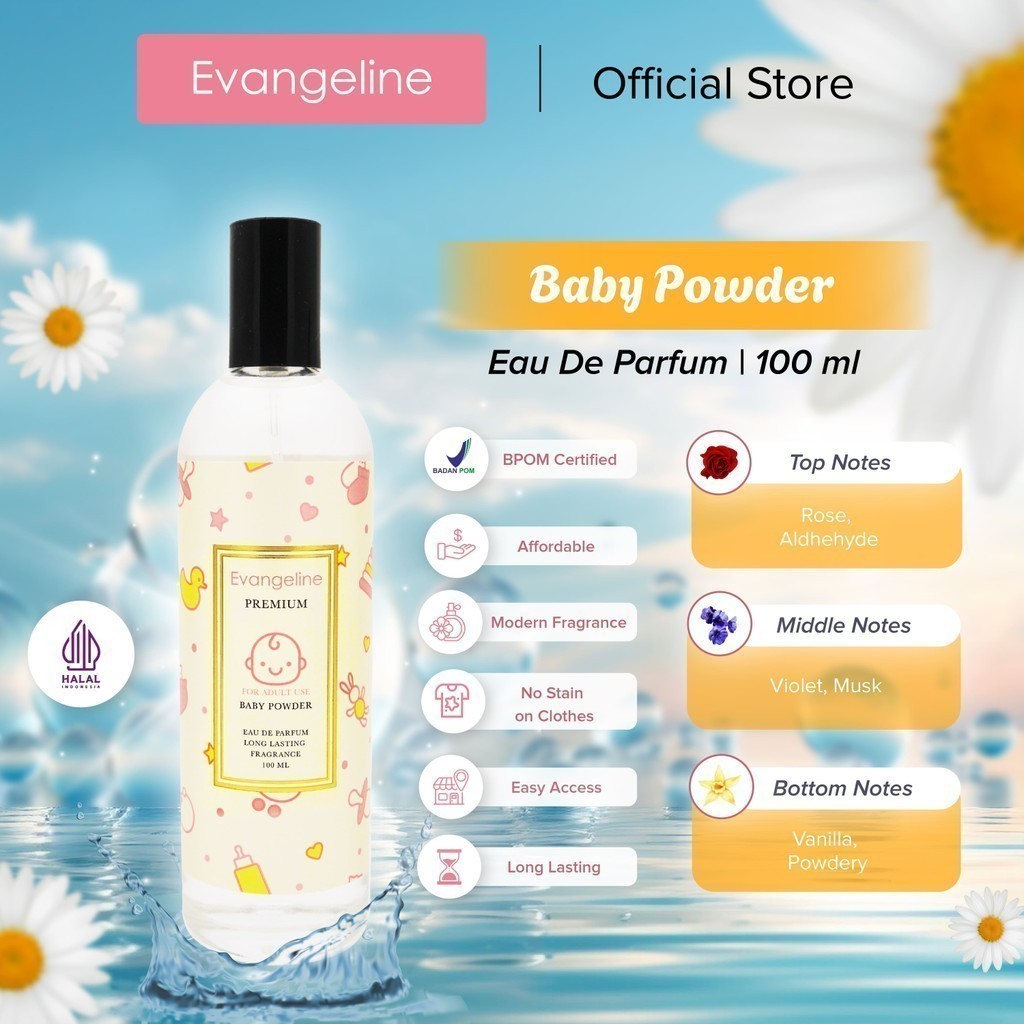 Evangeline Premium Eau De Parfum Baby Powder 100ml - Parfum Wanita EDP - Wangi Bayi - Parfum Tahan Lama Best Seller