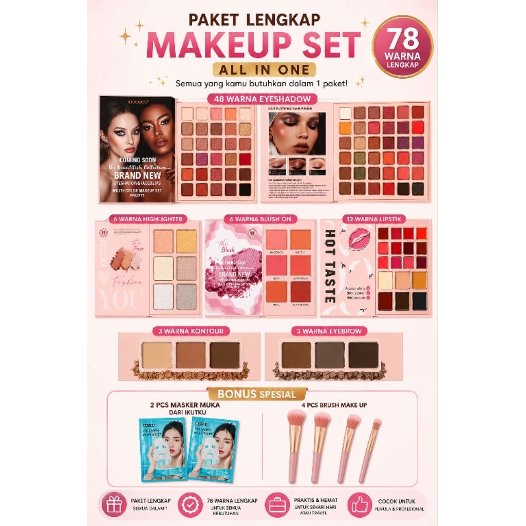 IGOODCO Makeup Palette 78 Warna All In One 48 Eyeshadow 6 Highlighter 6 Blush On 12 Lipstik 3 Kontur 3 Eyebrow Bonus 2 Masker + 4 Brush Make Up