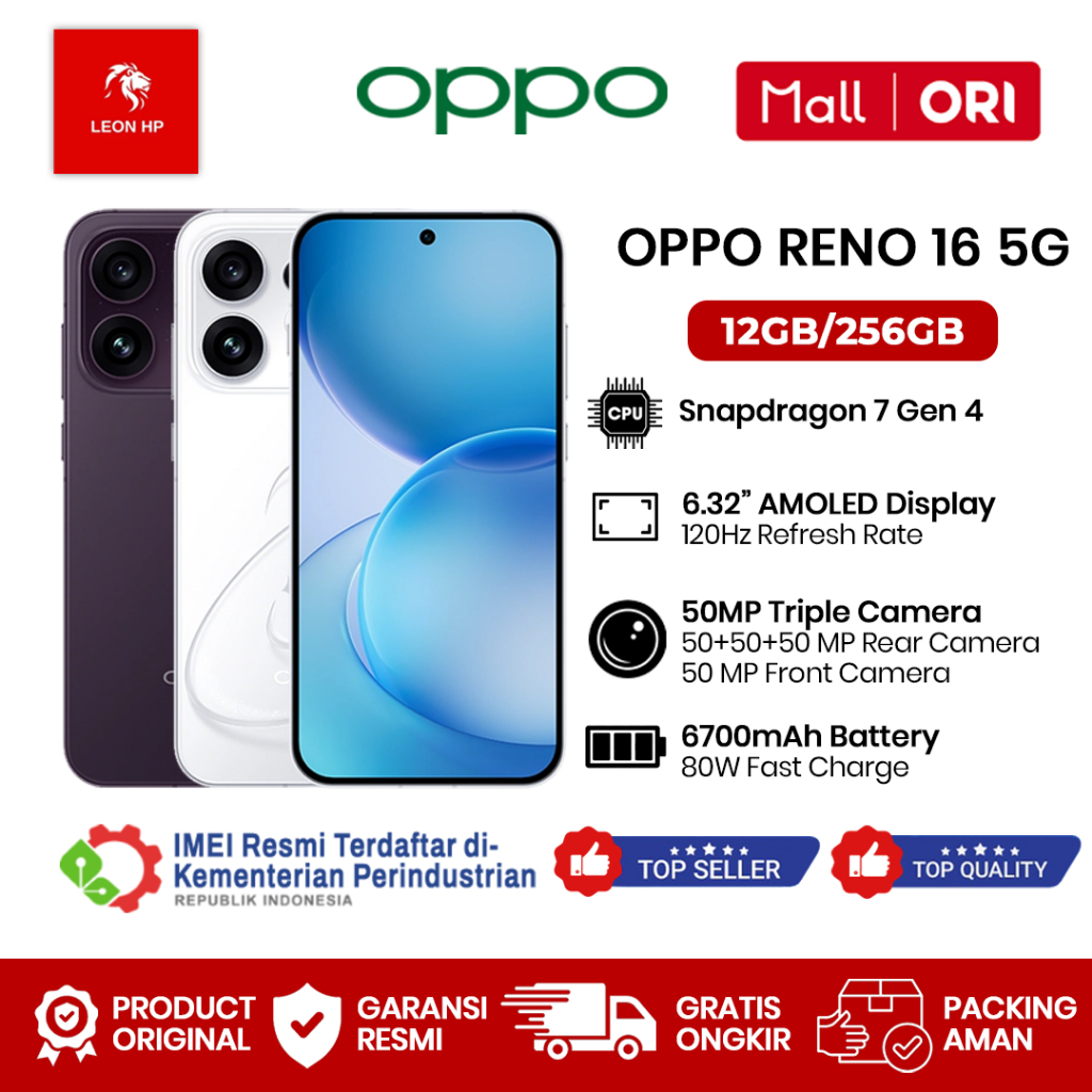 OPPO Reno 16 5G 12GB+256GB - Garansi Resmi 1 Tahun
