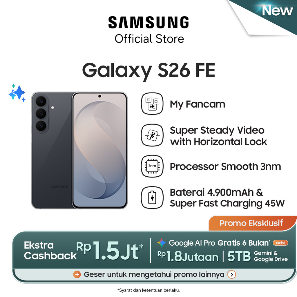 Jual Samsung Galaxy S26 FE 8/256GB - Graphite - Handphone AI | Kamera 50MP | Prosesor 3nm | Shopee Indonesia