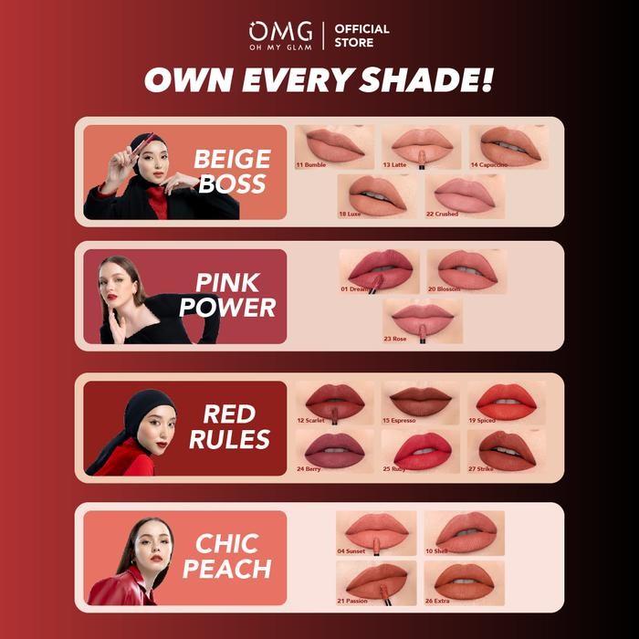 OMG OH MY GLAM Mattelast Lip Cream 25 Ruby 2.9 g - Lip Cream Matte Dengan Warna Intense, Tahan Lama