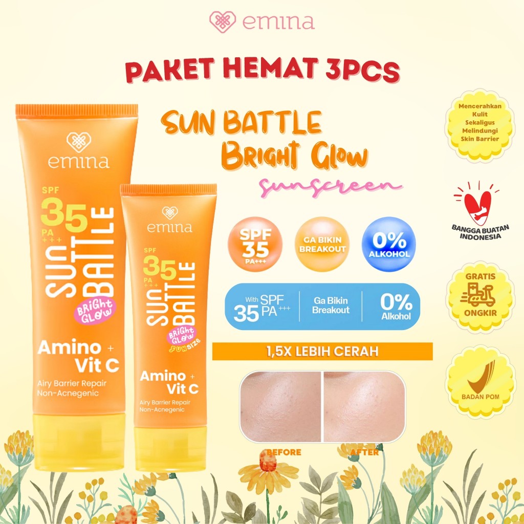 [PAKET 3PCS]  EMINA Sun Battle Bright Glow SPF 35 PA+++ 20ml/50ml