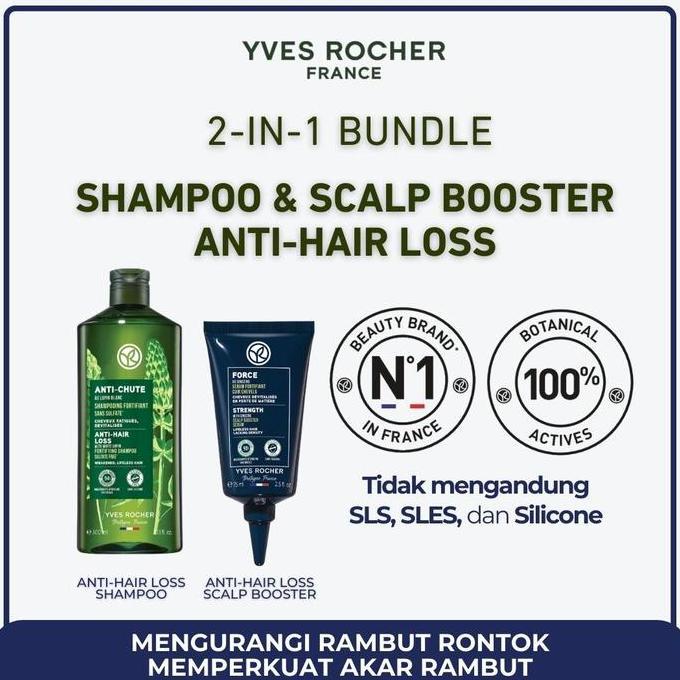 DISKON [BUNDLE] Yves Rocher Anti-Hair Loss Fortifying Shampoo 300 ml & Anti-Hair Loss Scalp Booster 75 ml - White Lupin Protein - Memperlambat Kerontokan Rambut