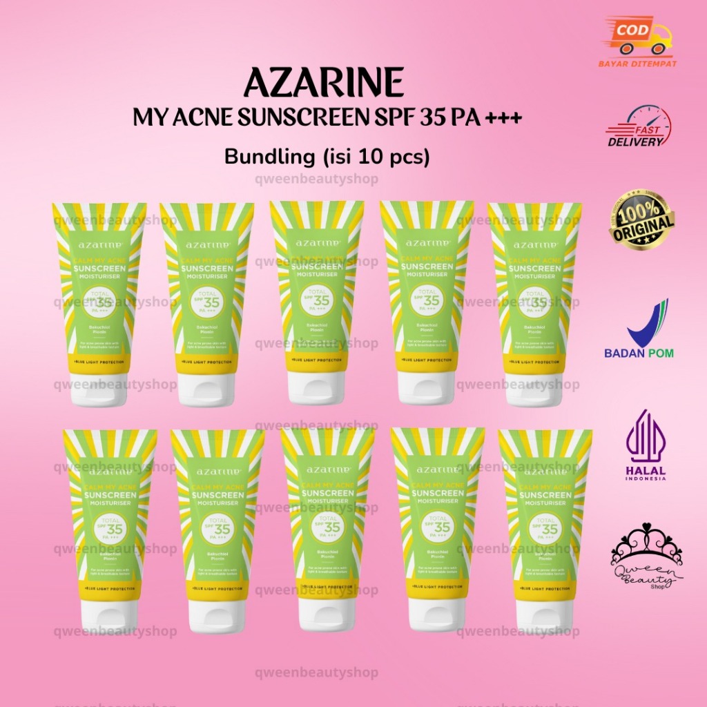 (ISI 10 PCS ) BUNDLING Azarine Calm My Acne Sunscreen Moisturiser SPF35 PA+++ 40ml