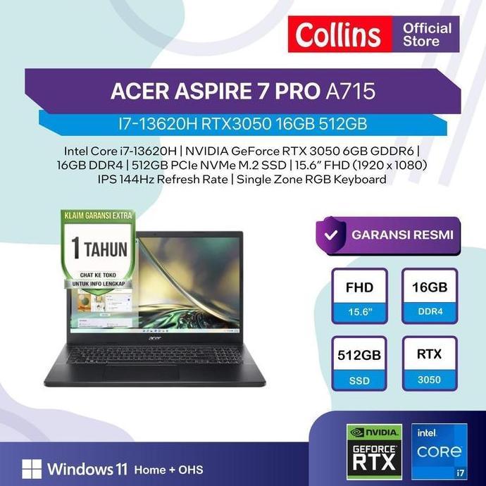 anjis_olshop - acer aspire 7 pro a715-59g i7 13620h rtx3050 16gb 512gb 15.6fhd 144hz w11 ohs