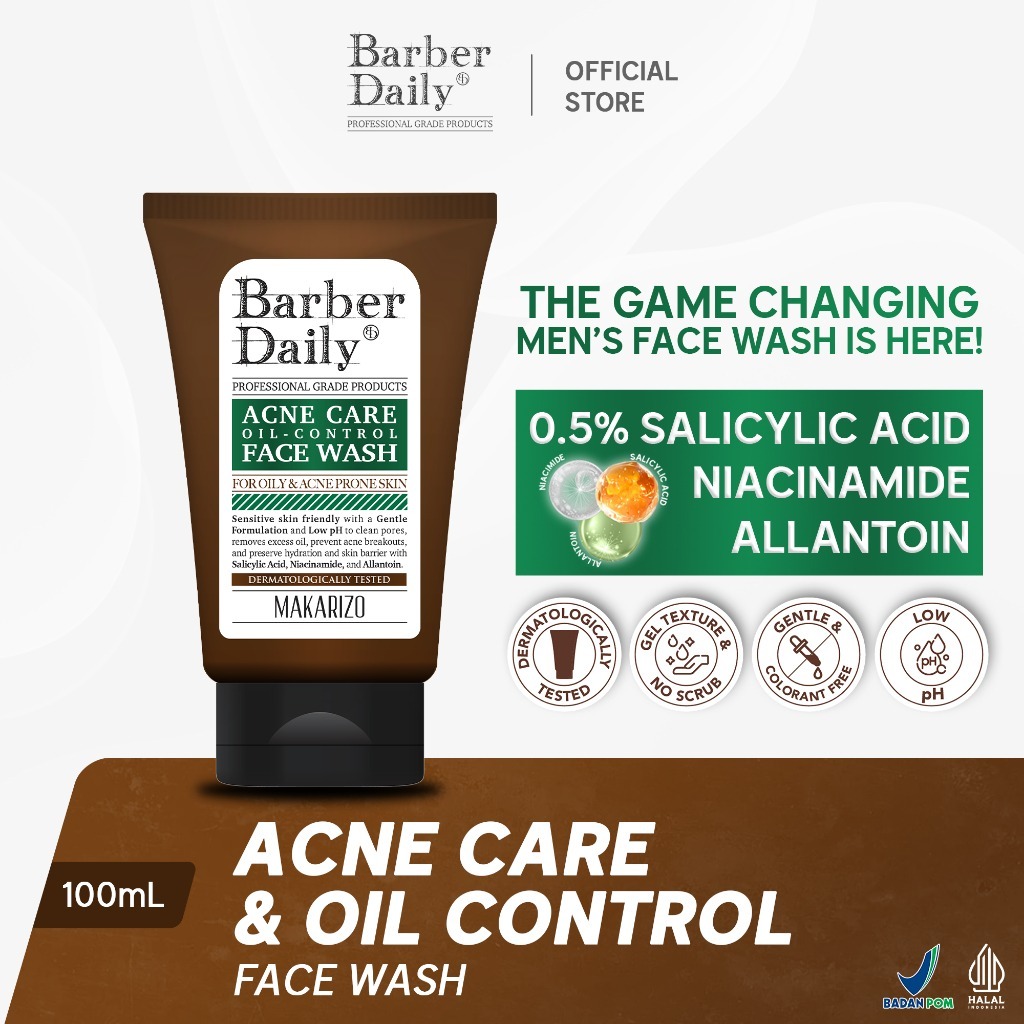 (ORIGINAL) Makarizo Barber Daily Acne Care & Oil Control Face Wash 100mL - Sabun Muka Pria Jerawat