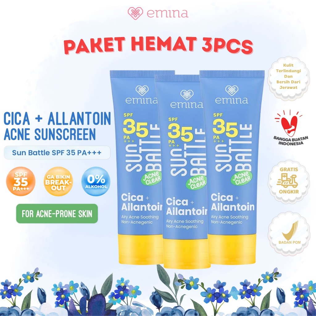 [PAKET 3PCS] EMINA Sun Battle SPF 35 PA +++ Acne Clear Cica + Allantoin Airy Acne Soothing 50ml