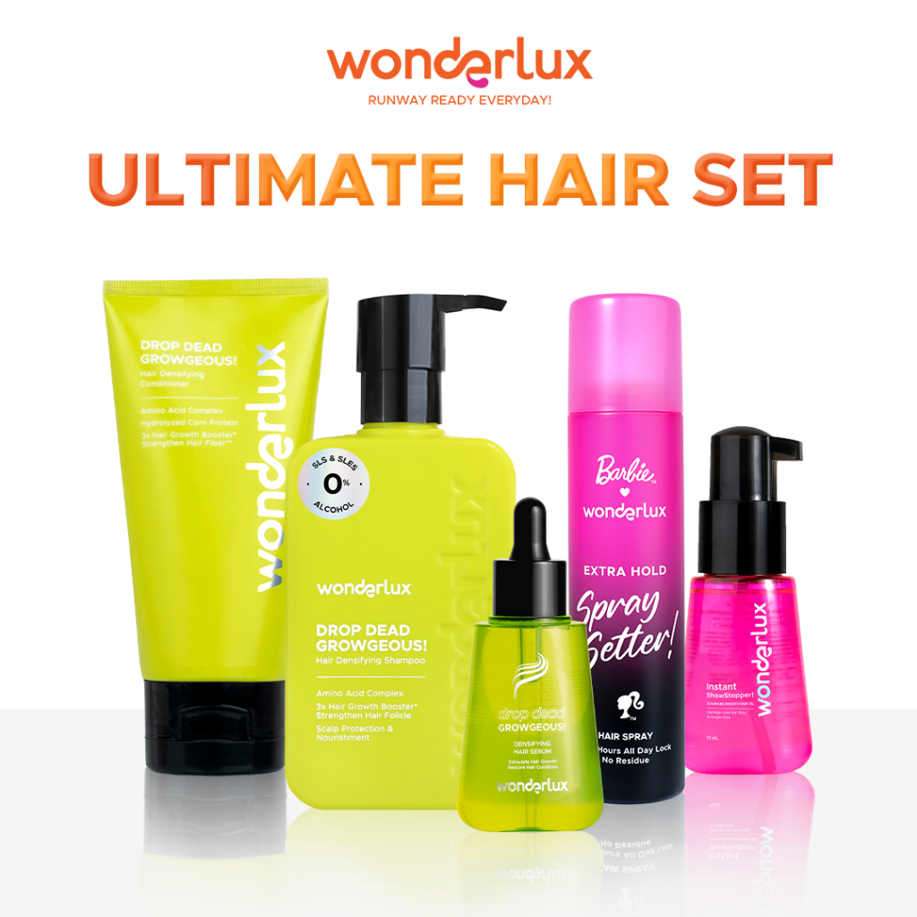 [Ultimate Hair Set] Wonderlux Drop Dead Growgeous Shampoo + Conditioner + Serum + Instant ShowStopper Hair Oil + Extra Hold Spray Setter! [5 PCS] Treatment for Densifying Hair and Hair Growth