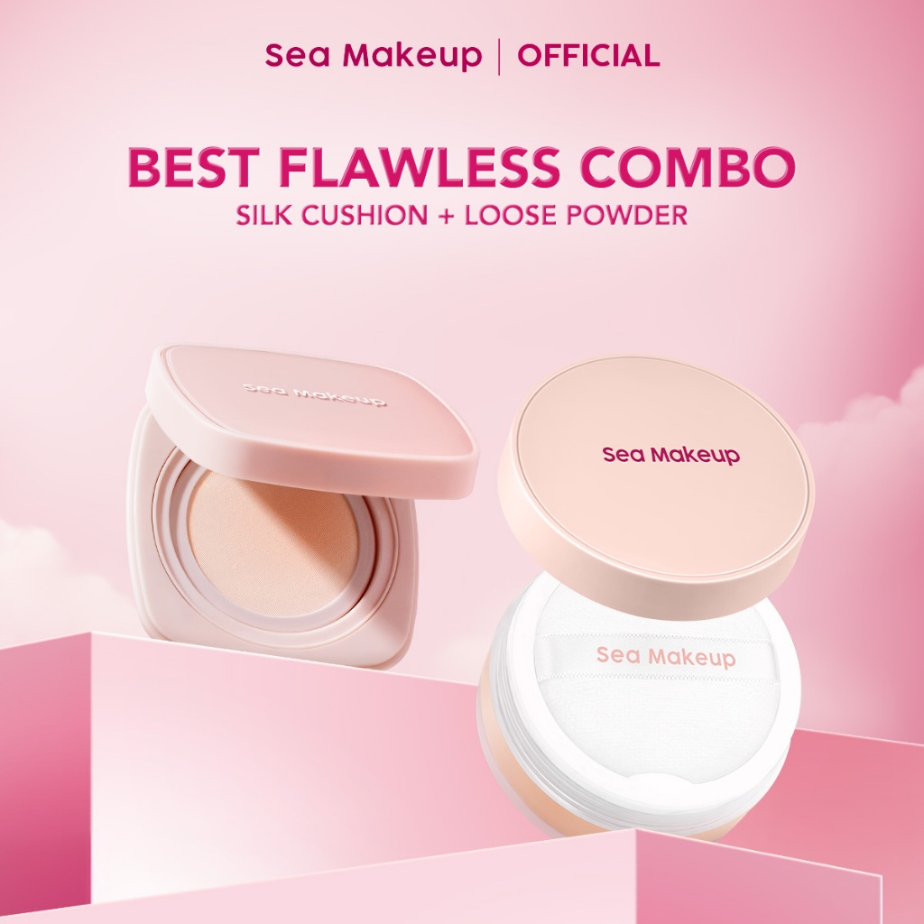 Sea Makeup Best Flawless Combo 2in1 Fix and Flawless Silk Cushion + Acne Blur & Set Loose Powder - bundle combo