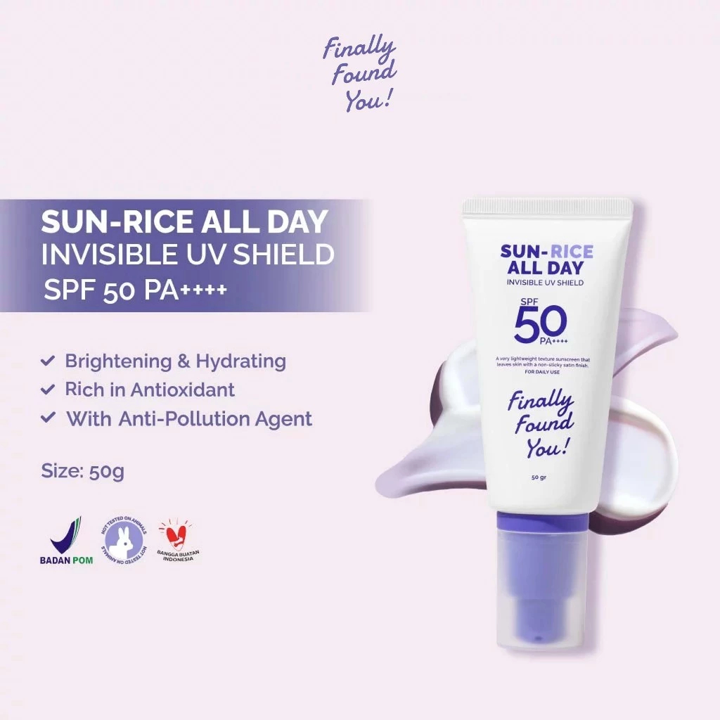 Finally Found You! SUN-RICE ALL DAY Invisible UV Shield SPF 50 PA++++ 50ml Sunscreen Wajah untuk Semua Jenis Kulit