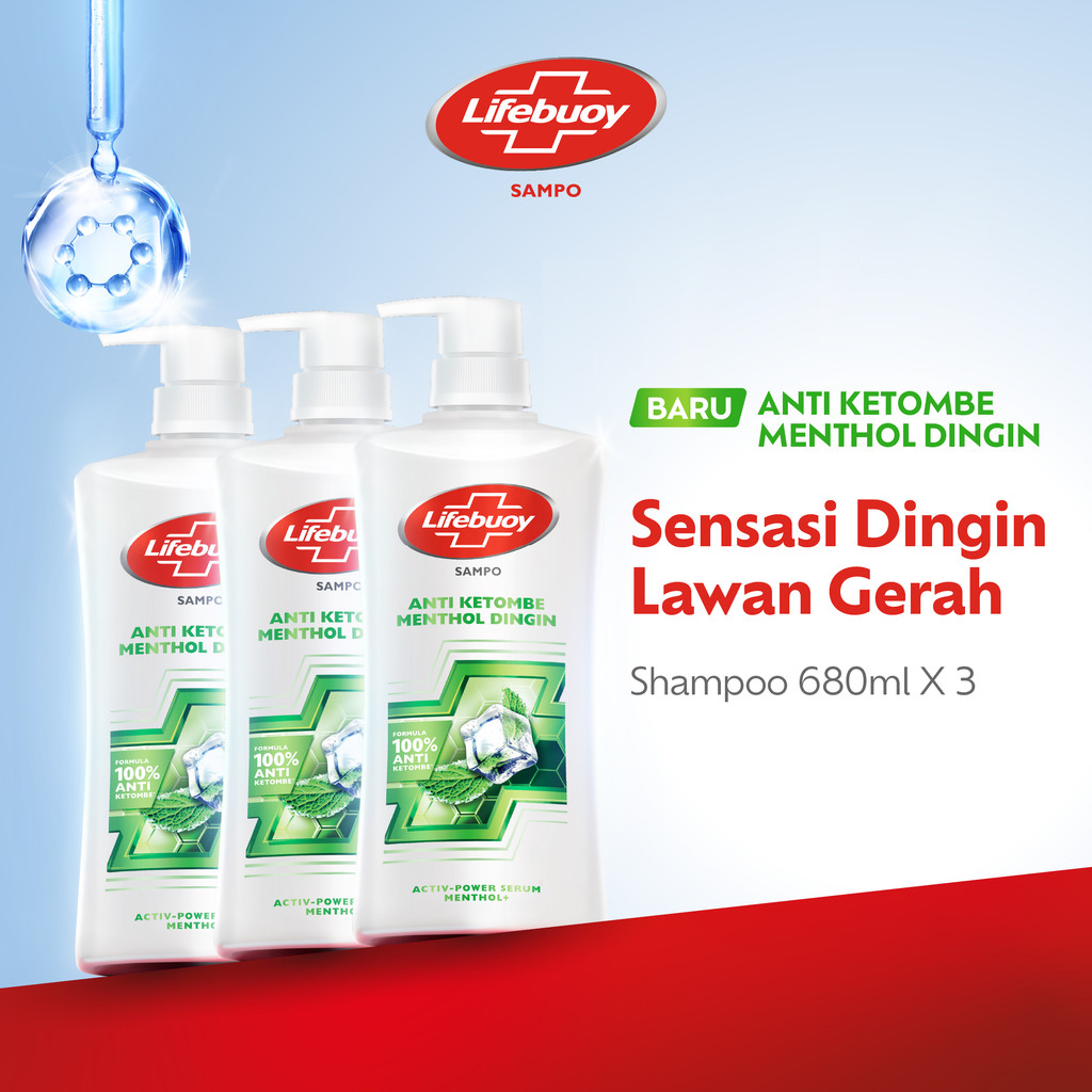 Lifebuoy Shampoo Anti Ketombe Menthol Dingin, Anti Dandruff Lawan Kuman Penyebab Ketombe - Sensasi Dingin Lawan Gerah 680ml x3
