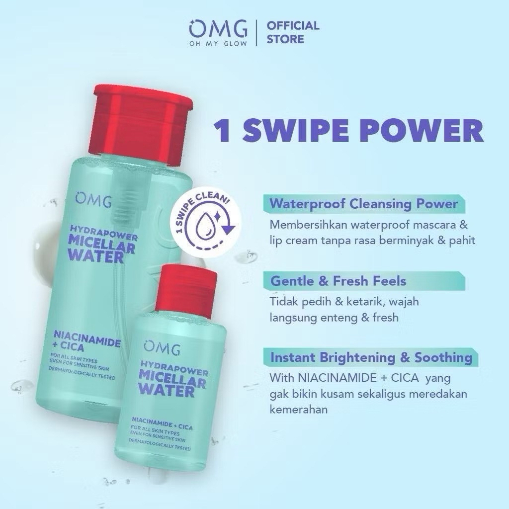 NEW! OMG OH MY GLOW HydraPower Micellar Water 65 Ml & 300 Ml with Niacinmide & Cica