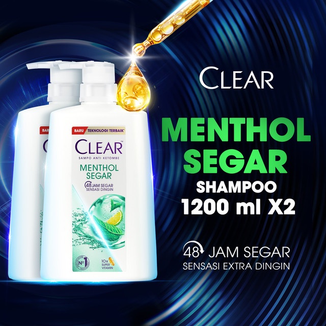 CLEAR Shampoo Anti Ketombe Menthol Segar, 48 Jam Segar Sensasi Dingin dengan 10x Super Vitamin - 1200mL Twinpack