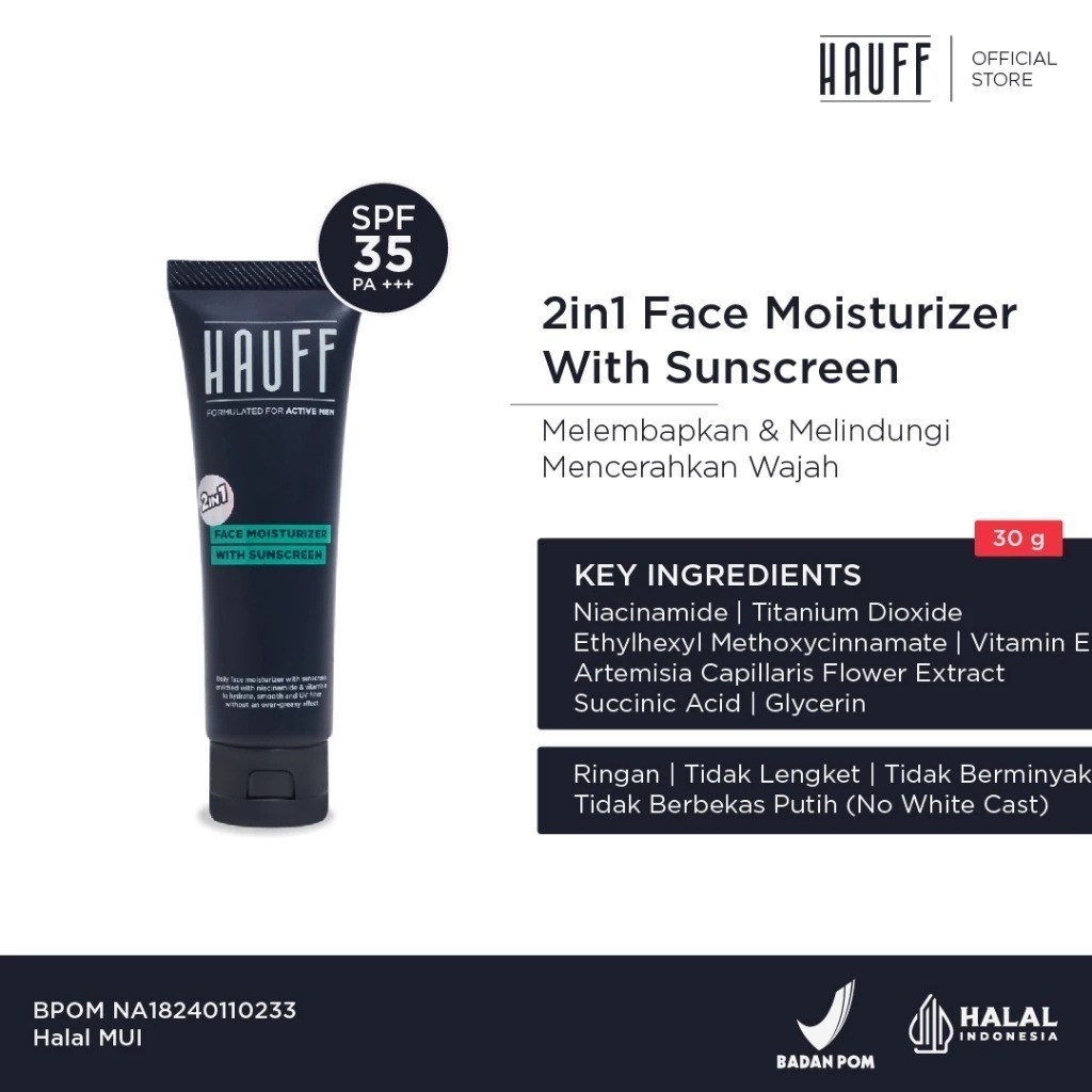 (ORIGINAL) HAUFF 2in1 Face Moisturizer With Sunscreen SPF 35 PA+++ 30g - Pelembab & Sunscreen Pria Mencerahkan & Anti Jerawat