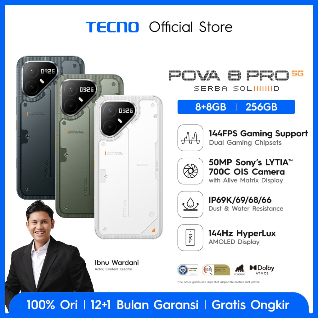 Jual [Exclusive Ibnu Wardani] TECNO POVA 8 PRO 5G 8+8GB*/256GB, Dual Gaming Chipset Mediatek D7400 Ultimate 5G + P1 Graphic Chip up to 144 FPS, 50MP Sony’s LYT 700C Main Camera with OIS, 8MP Ultra Wide, 1.5K 144Hz HyperLux AMOLED Display, IP69K, Android 1