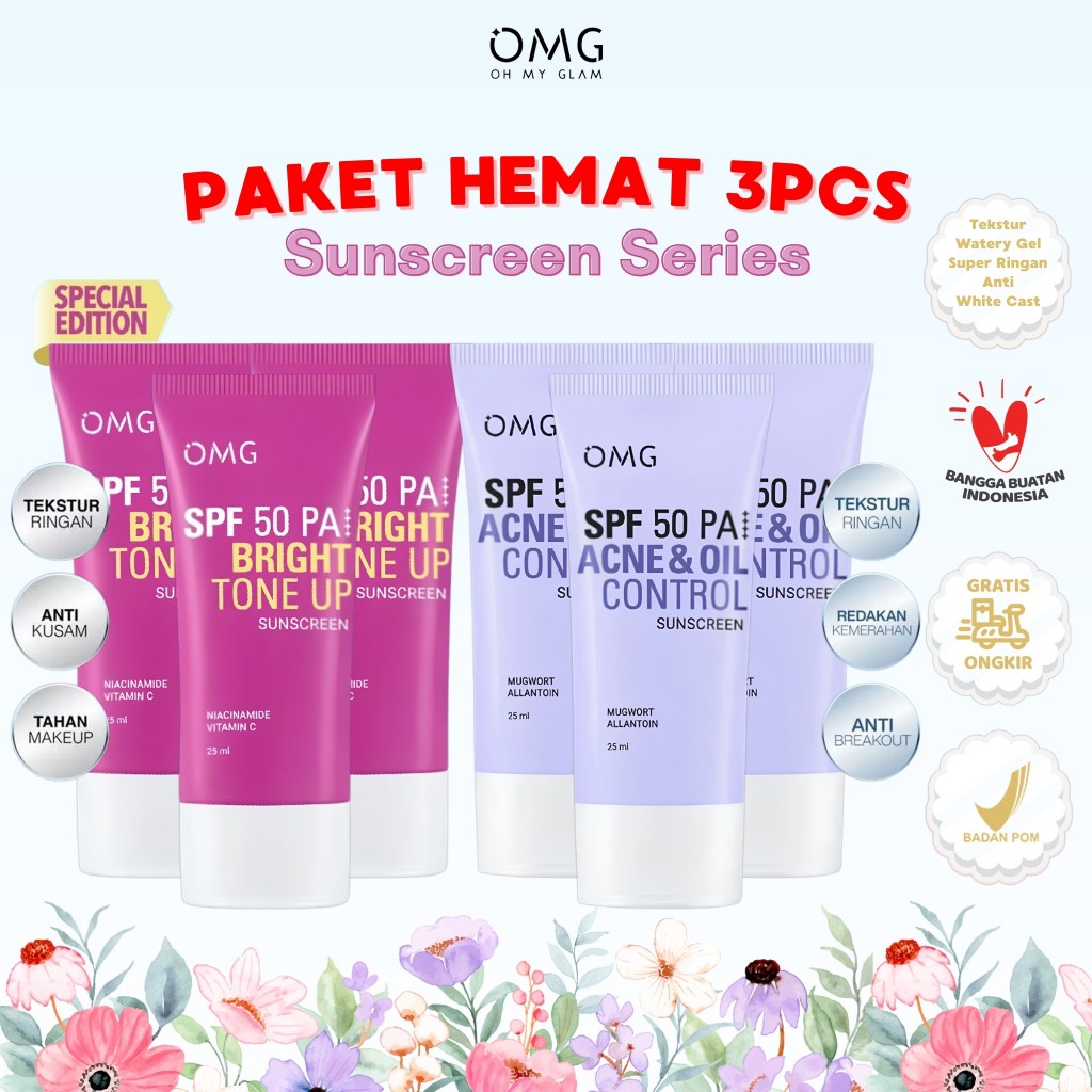 [PAKET 3PCS] OMG OH MY GLOW Bright Tone Up SPF 50 PA++ | Acne & Oil Control UV Barrier Sunscreen SPF50 PA++++ 25ml