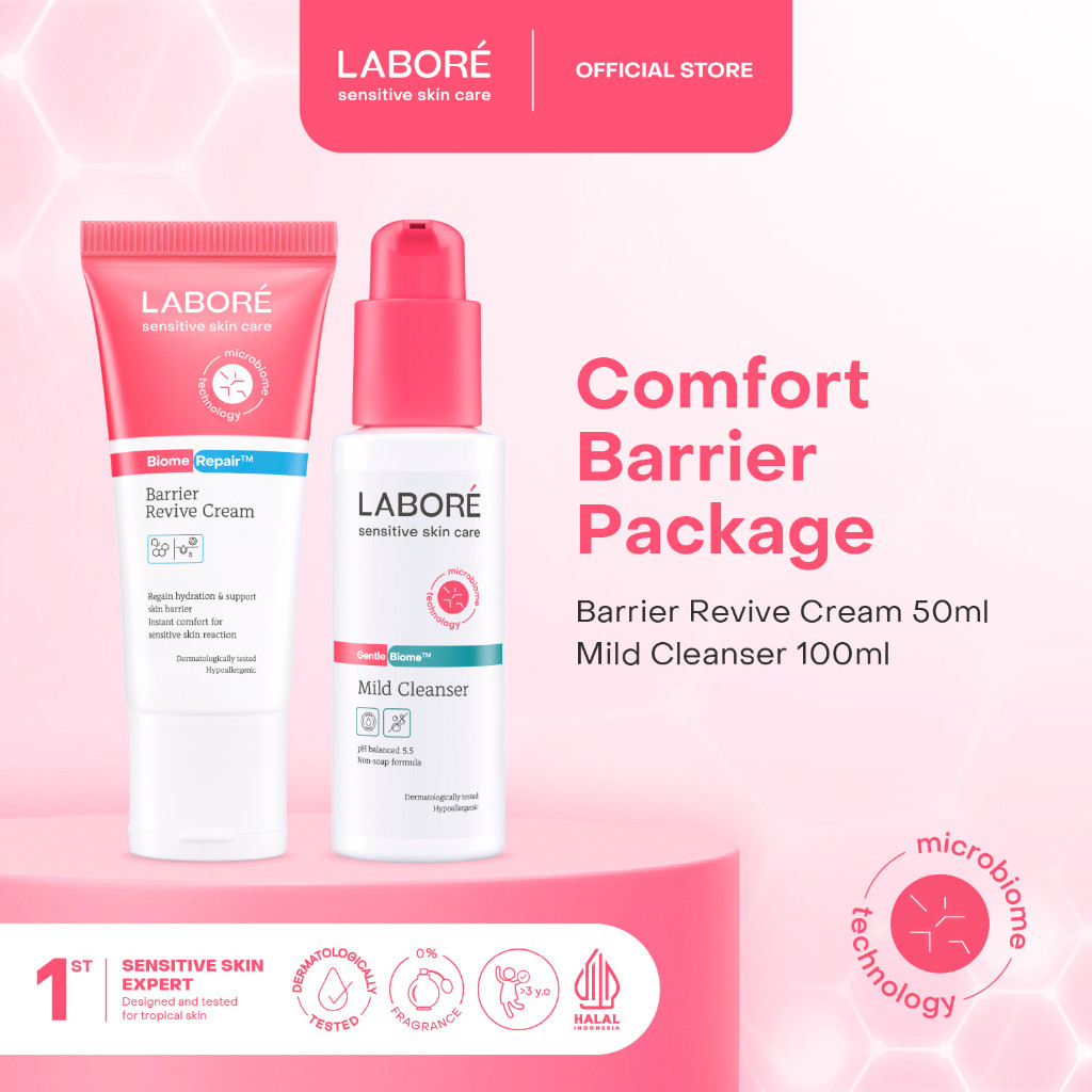 Labore Comfort Barrier Package (Barrier Revive Cream 50ml, Mild Cleanser 100ml) - Paket Pelembab dan Pembersih Wajah untuk Kulit Sensitif